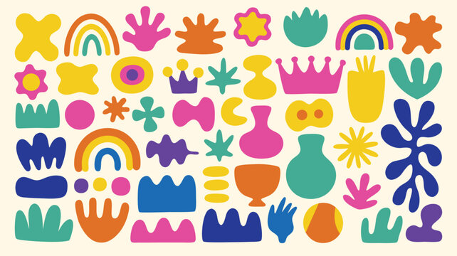 Retro Abstract Organic Shapes Set. Funky Groovy Doodle Style Vector. Cute Hippie Design Elements