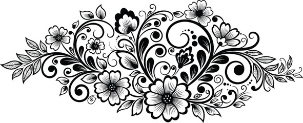 Intricate floral sketch with paisley shapes and detailed botanical elements in black and white
