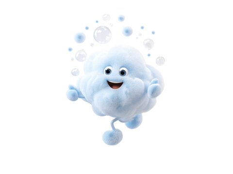 Fluffy blue cloud character blowing bubbles cheerful image, Isolated, Png Transparent Background