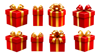 set of christmas gift boxes.Set of red gift box with golden ribbon isolated on white