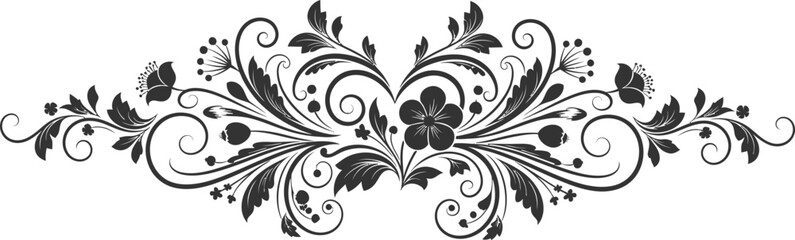 Elegant black floral design with swirling leaves and a central blossom illustration
