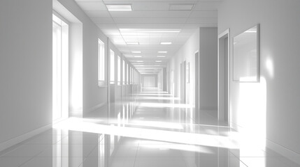 Fototapeta premium Long, bright, modern white hospital or office hallway perspective, color of the year 2026, cloud dancer concept