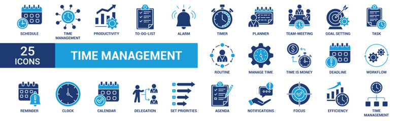 Time management icon set. Containing schedule, to-do list, task, manage time, planner, calendar, delegation, reminder, timer, set priorities and more. Solid vector icons collection.
