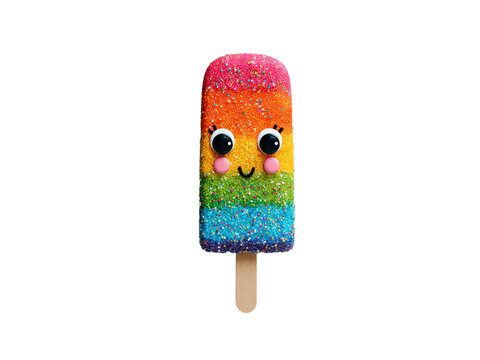 Rainbow popsicle with sprinkles and cute face candy sweet, Isolated, Png Transparent Background