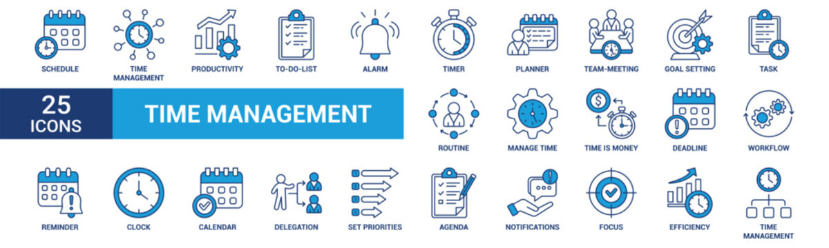 Time management icon set. Containing schedule, to-do list, task, manage time, planner, calendar, delegation, reminder, timer, set priorities and more. Blue vector icons collection.

