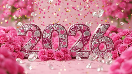 Pink Glitter 2026 New Year Celebration with Roses and Sparkling Diamonds