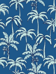 A seamless tropical pattern featuring hand-drawn banana trees and palm trees in a bold blue palette. Ideal for summer textiles, apparel, resortwear, wallpapers, packaging, and surface design projects.