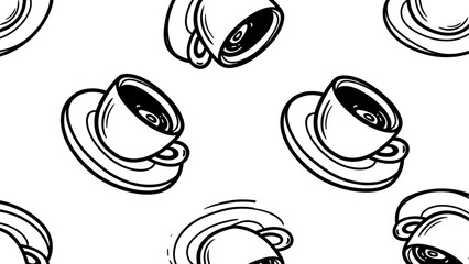 Seamless pattern of coffee cups and saucers, hand-drawn illustration, black and white sketch
