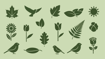 Collection of diverse nature-inspired vector icons featuring leaves, flowers, birds, and sun in a harmonious design