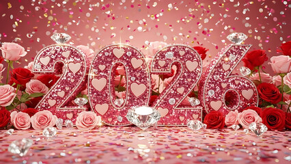 Pink Sparkling 2026 New Year Celebration with Roses, Hearts and Diamonds