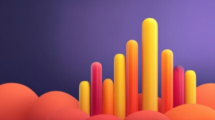 Fototapeta premium Vibrant Abstract Background with Colorful Cylinders Rising from Soft Shapes in Vivid Orange, Pink, and Yellow Tones Against a Purple Backdrop