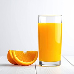 Fresh orange juice in a glass, beside orange slices on a white wooden surface