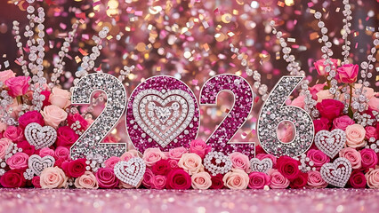 Luxury Pink Glitter 2026 New Year Celebration with Roses and Diamond Hearts