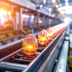 Glass orbs on a factory conveyor belt