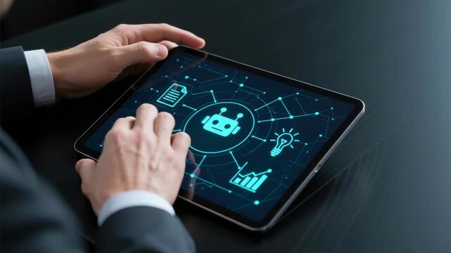 Business interacts virtual interface on tablet showing customer data insights advertising trends for enhanced online engagement digital marketing technology environment and decision making