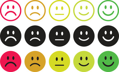 Rating Emoji Icon set. Vector cartoon smiley face collection. Emoticon pack for customer feedback, mood, and emotion. Feedback emoticons collection. Excellent, good, average, poor, bad emoji icons.