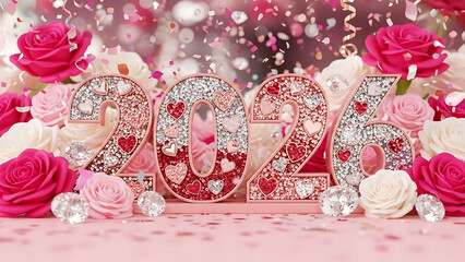 Romantic Pink Glitter 2026 New Year Celebration with Roses and Sparkling Hearts