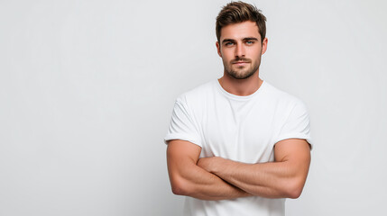 Fototapeta premium Confident young man with arms crossed wearing white tshirt against light background, color of the year 2026, cloud dancer concept