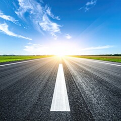 Empty asphalt road stretching into a bright, sunny sky