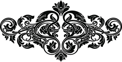 Elegant black and white damask pattern with floral and swirling ornamental details