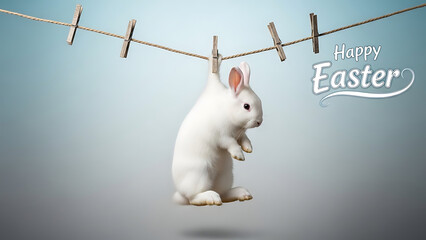 Cute white rabbit hanging on clothesline for easter celebration