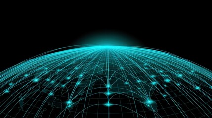 High-Tech Global Network Illustrating Digital Connectivity and Data Flow Over Earth with Bright Blue Lines and Dots on a Black Background