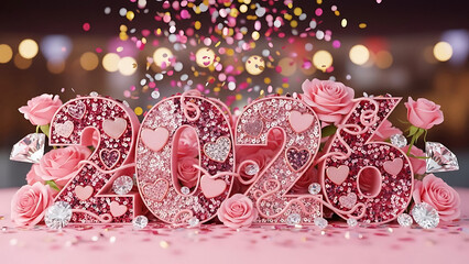 Pink Glitter 2026 New Year Celebration with Roses, Hearts and Sparkling Confetti