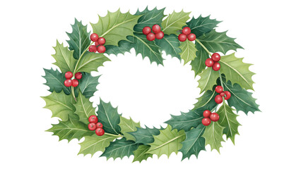 Classic watercolor holly wreath with vibrant red berries, ideal for festive decoration