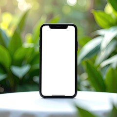 A black smartphone with a blank screen stands on a white surface, surrounded by out-of-focus greenery