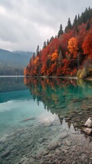 Autumn Lake and Forest: A serene landscape showcases the vibrant colors of autumn foliage reflected in the tranquil waters of a clear lake. The scene evokes a sense of peace and natural beauty.