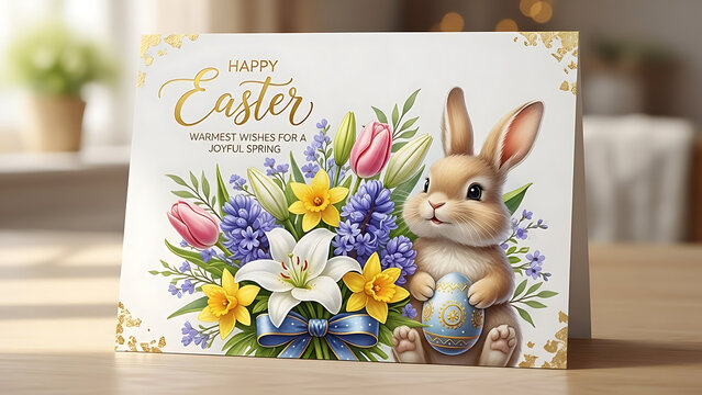 Happy easter card with beautiful flowers and cute bunny