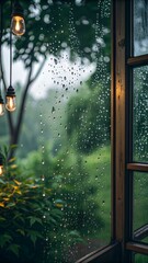 Rainy Day View: A serene indoor perspective, where raindrops cascade down a windowpane, blurring the verdant exterior and creating a scene of peaceful contemplation.