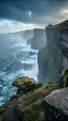 Dramatic Cliffs and Sea: The sheer majesty of the cliffs along the coastline. Rugged terrain and crashing waves and under the ominous sky and natural beauty
