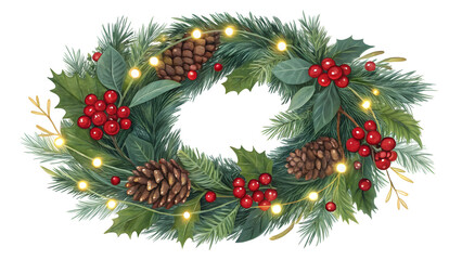 Festive christmas wreath adorned with glowing lights, red berries, and natural pinecones