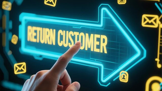 Return customer business interacts with virtual interface for online advertising engagement and data insights showing trends customer behavior and marketing success with business customer virtual