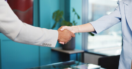 Business people, office and shaking hands for agreement, trust or financial partnership with...