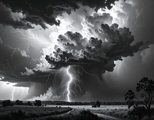 A dramatic black and white depiction of a powerful thunderstorm. Massive clouds unleash lightning over a rural landscape