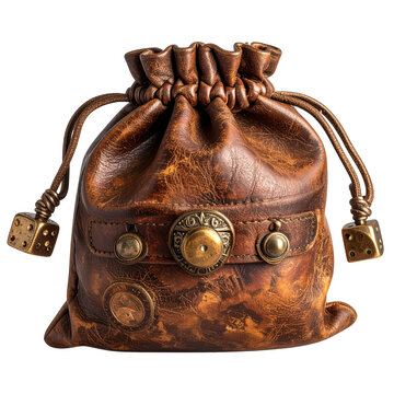 Vintage brown leather drawstring pouch for coins and dice isolated on white and transparent background.