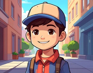 Animated boy in cap stands on a street, buildings on either side, sunny day