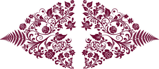 Symmetrical floral design featuring dark red and black botanical elements on a white background