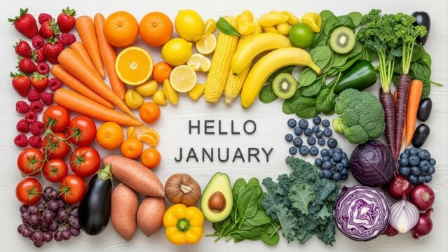 Hello January with a vibrant rainbow of fresh fruits and vegetables.