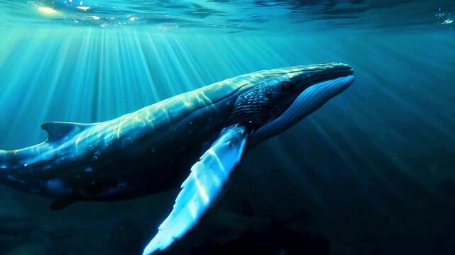 Humpback whale swimming deep ocean blue water sunlight rays majestic marine mammal underwater wildlife nature aquatic giant sea creature majestic oceanography deep dive blue light