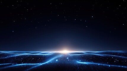 Futuristic abstract landscape with glowing blue lines and a starry sky capturing the essence of digital technology and creative visualization in an expansive view