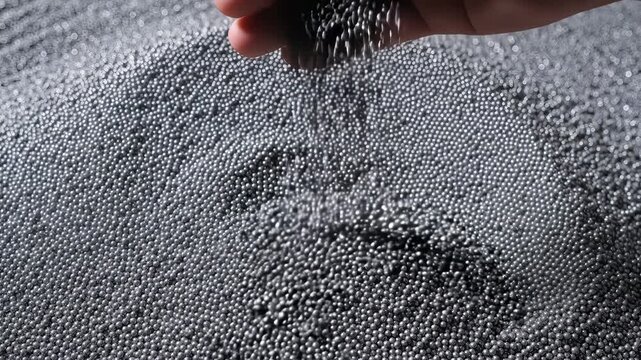 Closeup of human hand holding black silica gel beads falling with a textured surface