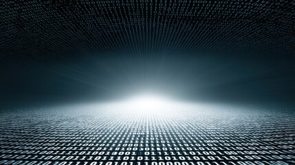 Abstract digital landscape with binary code, glowing light at the horizon, and a sense of depth and technology depicted in a futuristic style