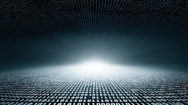 Abstract digital landscape with binary code, glowing light at the horizon, and a sense of depth and technology depicted in a futuristic style - Powered by Adobe