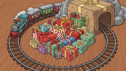 Toy train encircles a large pile of colorful Christmas gifts and a gift-shaped tunnel entrance.