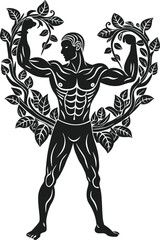 Muscular man flexing his biceps framed by green leaves, symbolizing natural power and fitness