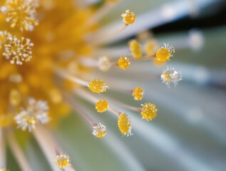 botanical close-up depicting pollen macro surface granularity clinging to floral filaments, individual spheroidal grains, micro texture, natural refracted highlights and soft diffuse morning light