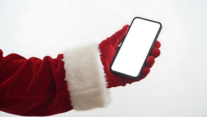 Santa claus s red gloved hand holding a blank white smartphone screen against a neutral background